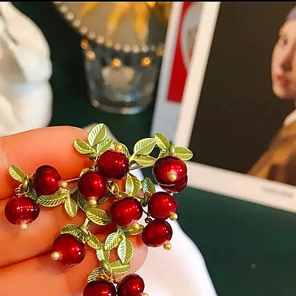 NWT Lucky Red Spring Bloom Brooch Enamel Pearls